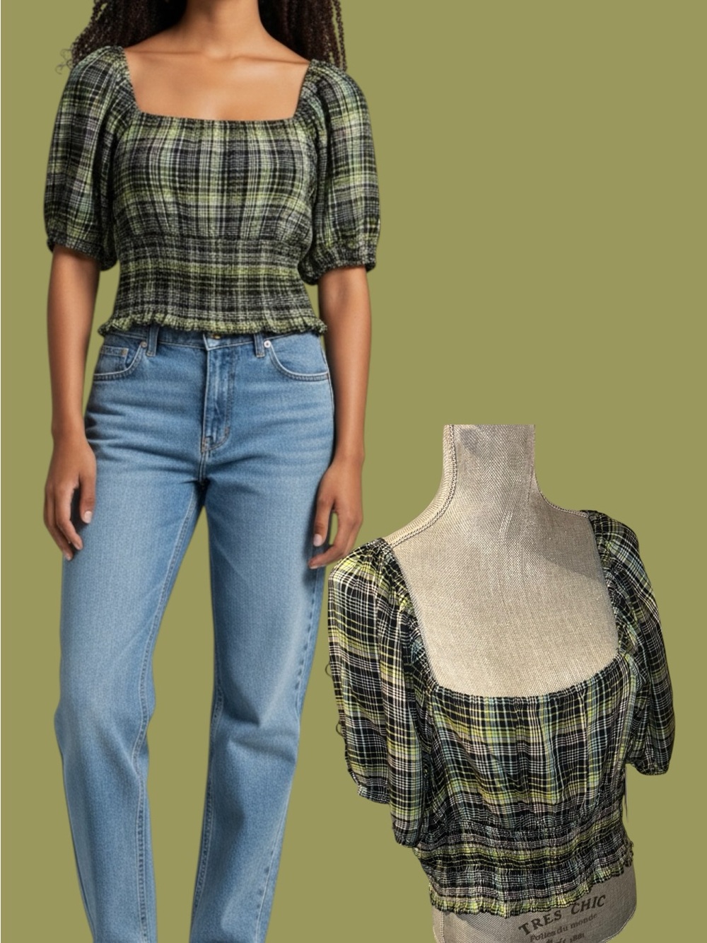 Green‎ Plaid Square-Neck Puff Sleeve Top